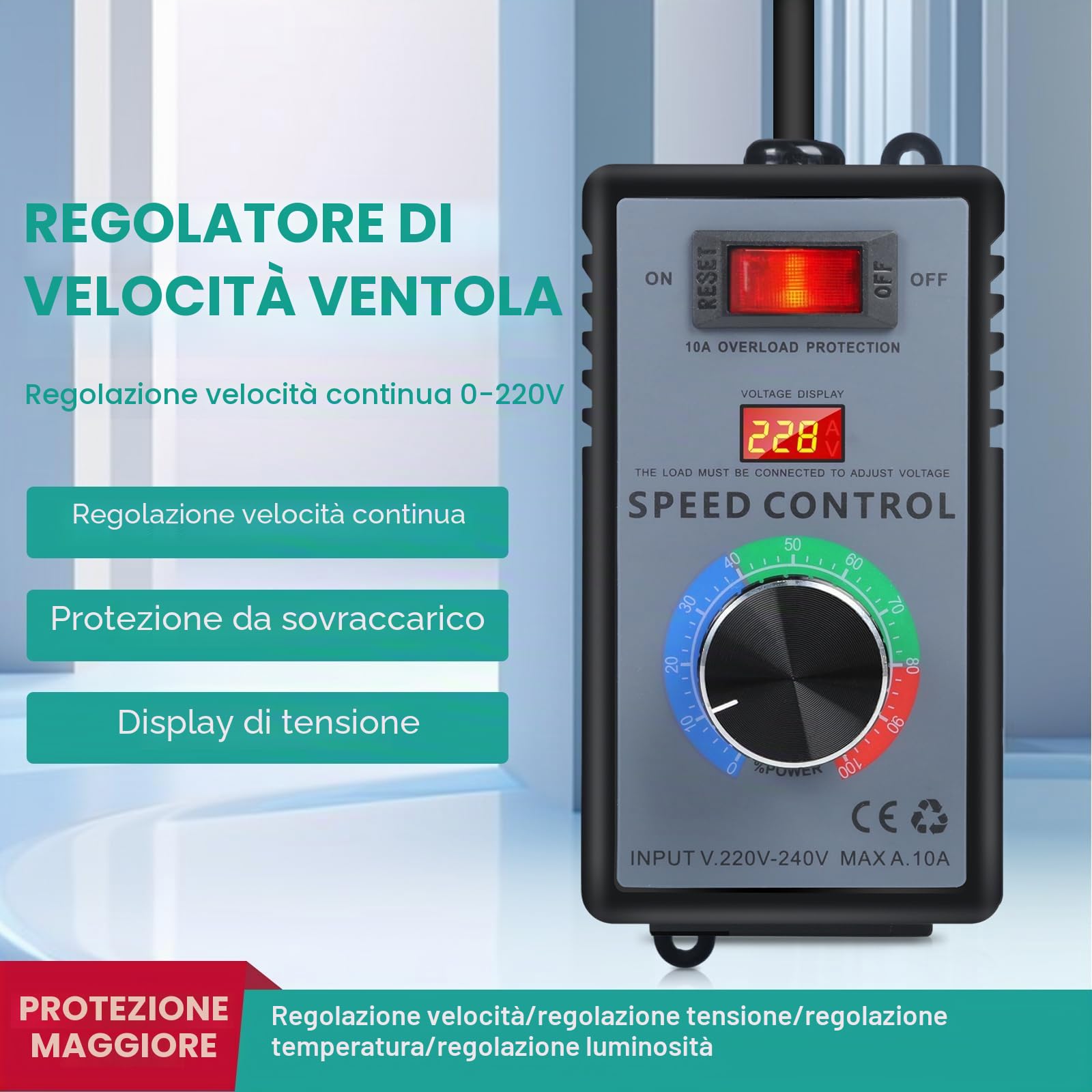 Regolatore di Velocita 220V, Regolatore Velocita Motori 10A 4000W Regolatore di Tensione Elettronico Governatore Dimmer, per Smerigliatrice Angolare, Motori a Spazzole, Forni Elettrici