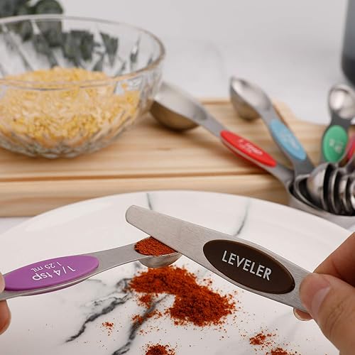 Vista 4 de Juego de 9 cucharas medidoras magnéticas de acero inoxidable apilables de doble cara para medir ingredientes secos y líquidos, cabe en tarros