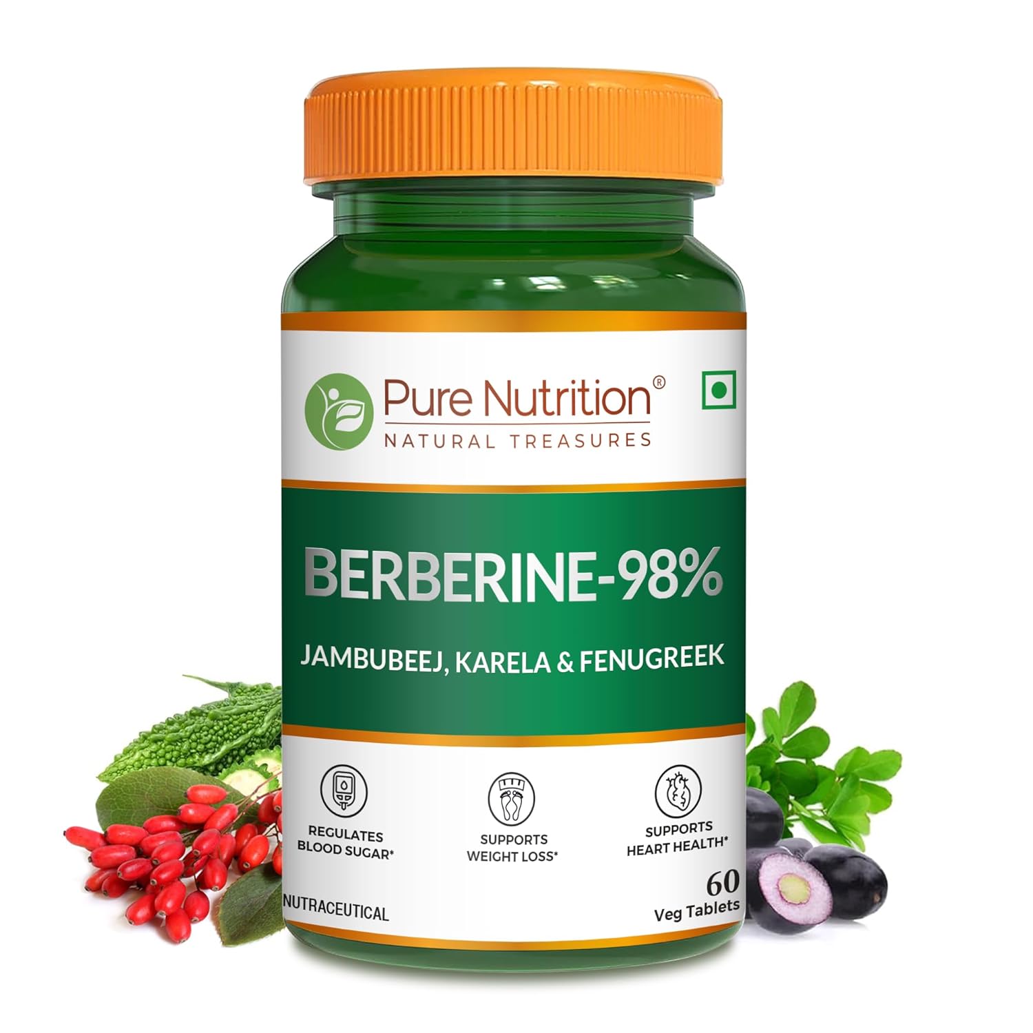 Pure Nutrition BERBERINE 98% – 60 Veg Tablets | with Jamun Beej, Karela & Fenugreek Extract | Supports Blood Sugar Control, Weight Management, Heart & Metabolic Health | Natural Herbal Wellness Formula