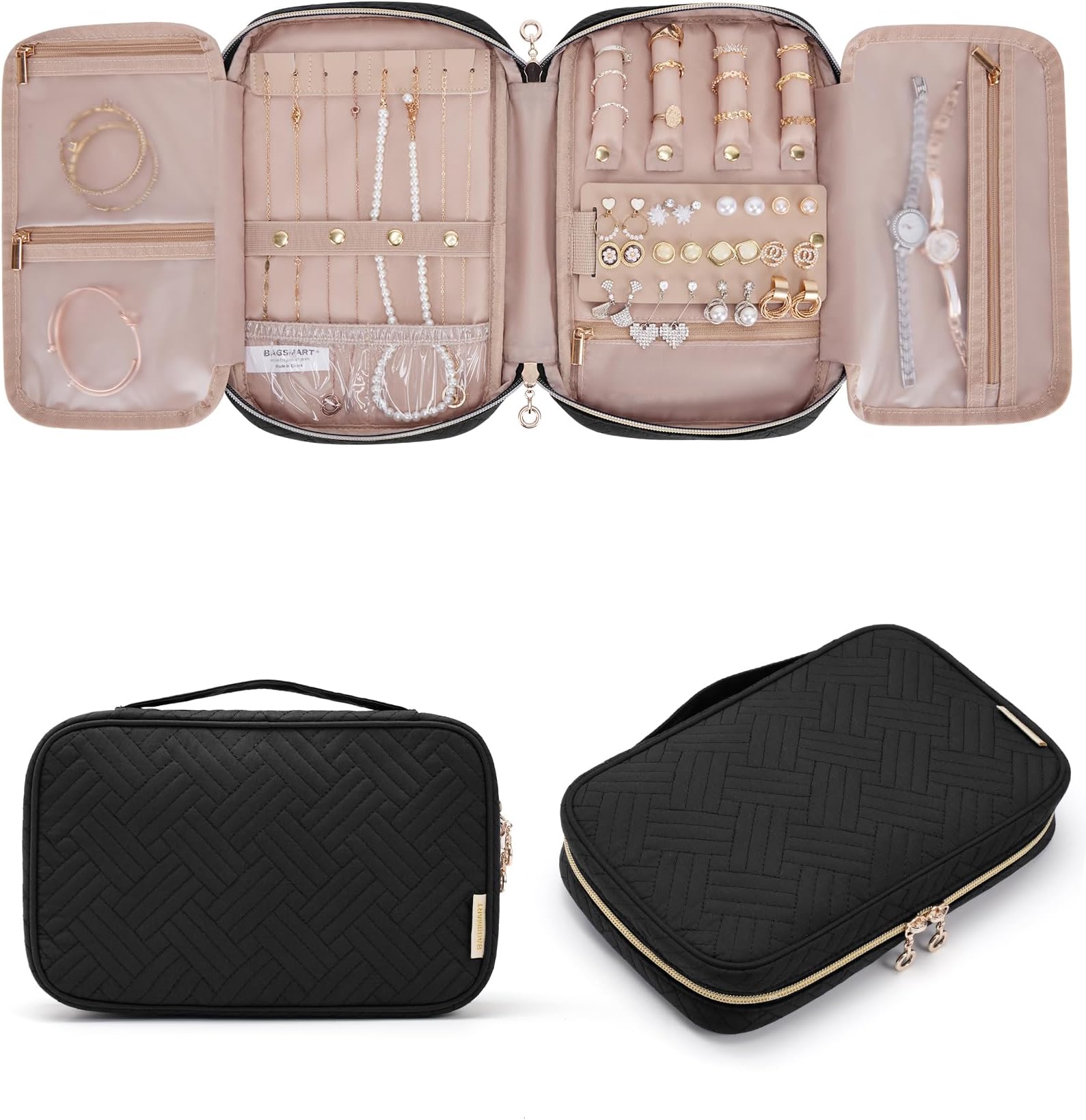 Jewelry Organizer Bag Travel Jewelry Storage Cases for Necklace, Earrings, Rings, Bracelet, Black