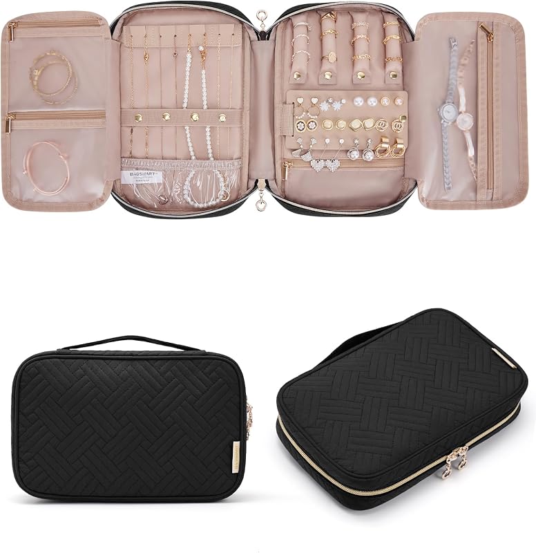BAGSMART Bolsa organizadora de joyas, estuches de almacenamiento de joyas de viaje para collares, pendientes, anillos, pulseras, negro | Estuche para joyas de viaje, organizador de joyas grande, bolsa de almacenamiento para collares, pendientes, anillos y pulseras