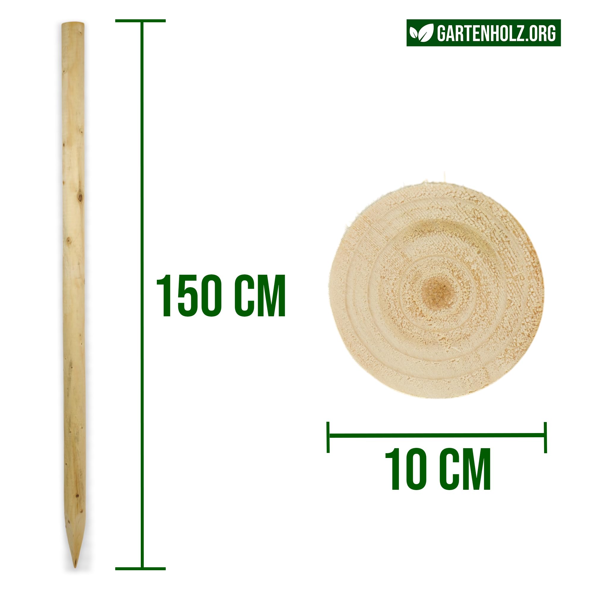 10er Set Rundholzpfähle Ø 10 cm naturbelassen | 100/125/150 cm Länge | unbehandelte Zaunpfosten aus massivem Nadelholz | ökologisch, stabil & nachhaltig | Garten, Weide, Forst, Hochbeet (150 cm Länge)
