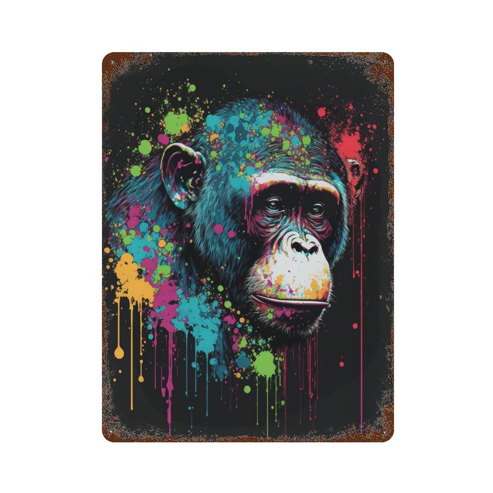 Vintage Metal Tin Sign Colorful Chimpanzee Art Print 15.7"x11.8", Classic Wall Plaque for Pub, Kitchen And Man Cave Decor