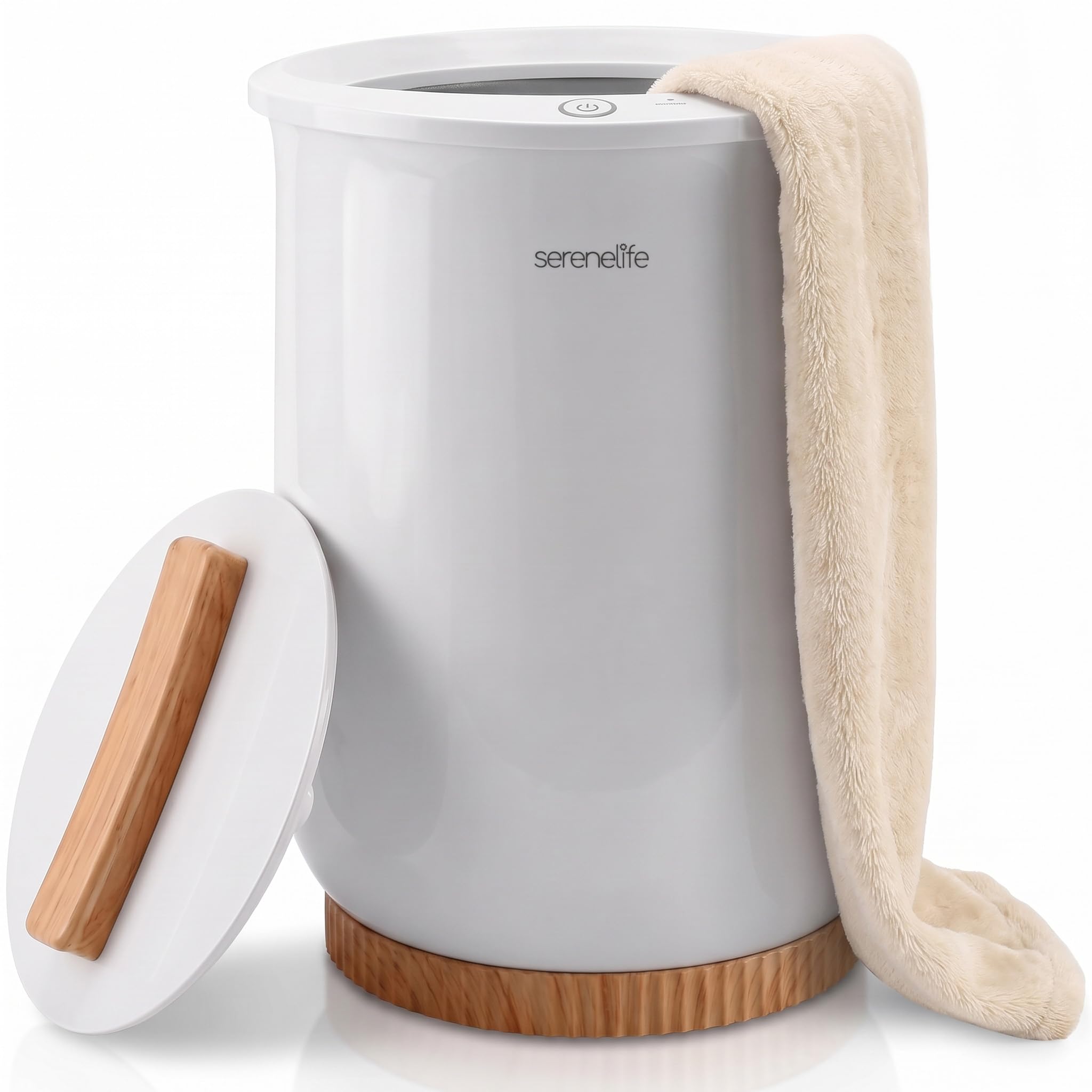 SereneLife Bucket Towel Warmers, White Large Towel Warmer for Spa and Bathroom, Luxury Towel Heater Gifts for Him & Her, Auto Shut-Off, Fits 2 large, Blankets, Bathrobes, PJ's, White Natural Wood