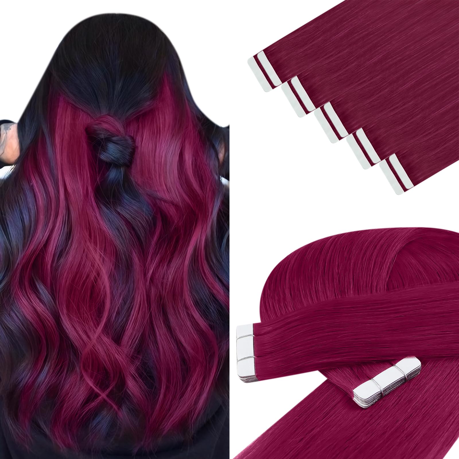 YoungSee Tape Hair Extensions Human Hair Magenta Invisible Tape on Hair Extensions Remy Human Hair for Highlight Colorful 24In Burgundy Hair for Daily Use 25G 10Pcs