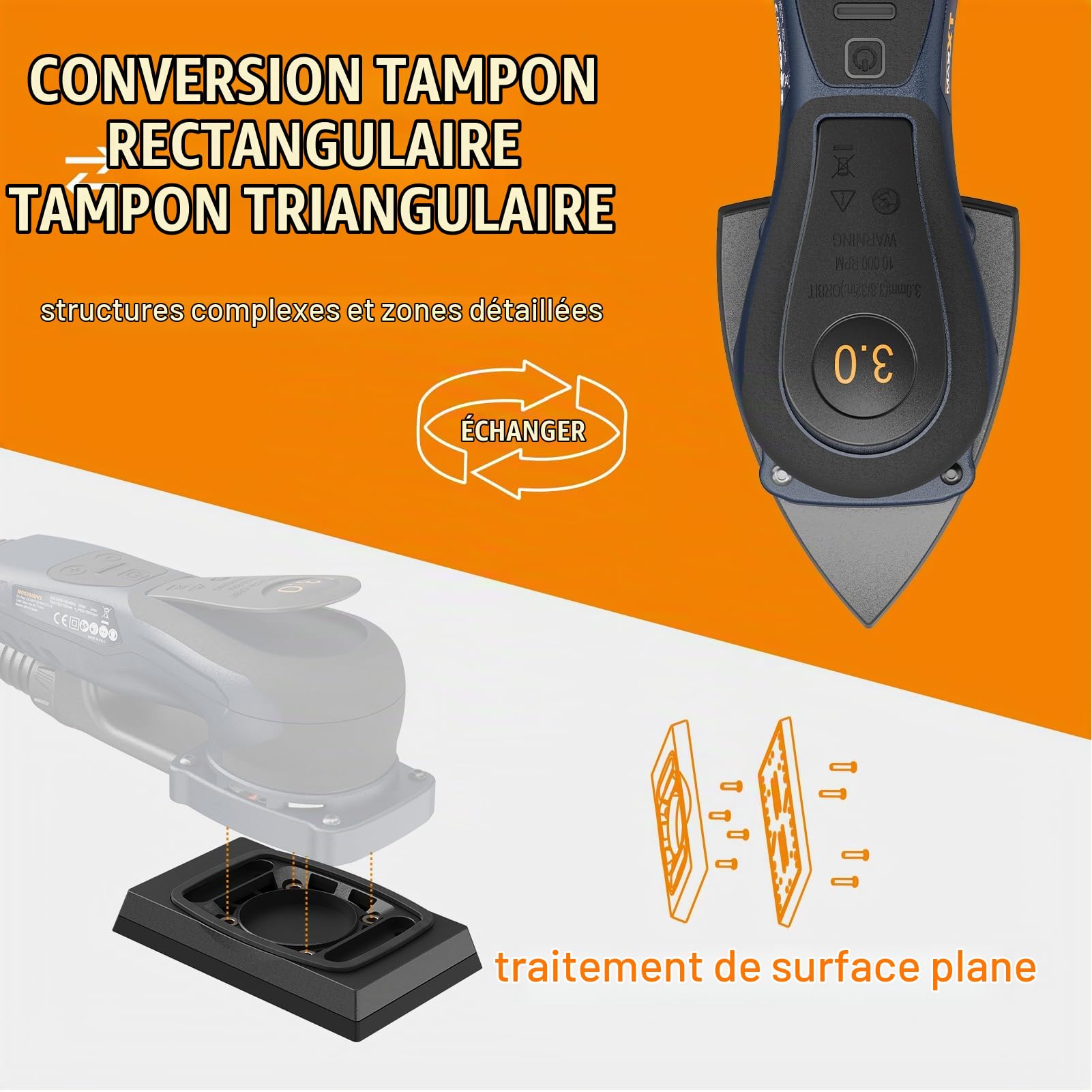 MAXXT Ponceuse Delta et Rectangle 2-en-1 sans balais 350W, 6 vitesses réglables (4000-10000 tr/min), Arrêt en 1-2 secondes, 20 feuilles abrasives incluses, Parfaite pour les angles serrés
