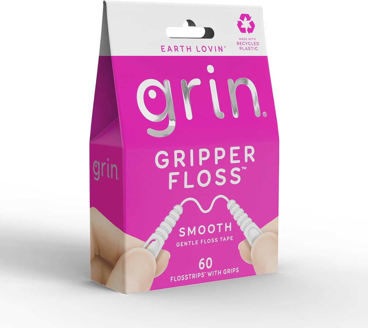 GRIN Gripper Floss, Individually Wrapped Smooth Dental Floss, 60 Count, Minty Flavor, Recyclable Packaging, Gentle Floss Tape, Finger Grips with Safe Fold Back Pick, No Shredding or Breaking