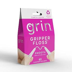 GRIN Gripper Floss Individually Wrapped Smooth Dental Floss 60 Count Minty Flavor Recyclable Packaging Gentle Floss Tape Finger