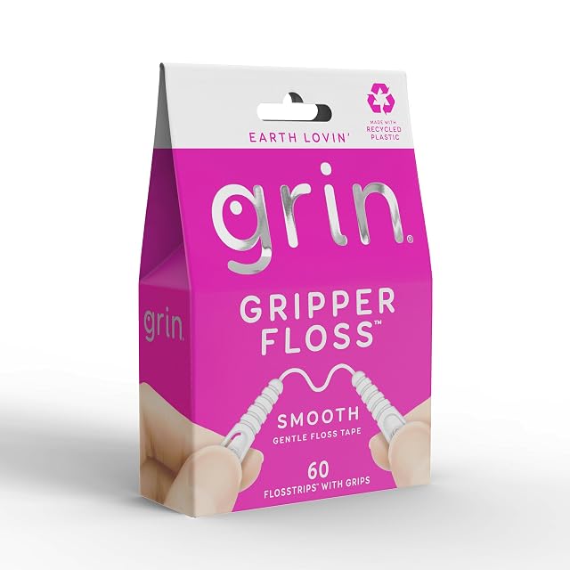 GRIN Gripper Floss Individually Wrapped Smooth Dental Floss 60 Count Minty Flavor Recyclable Packaging Gentle Floss Tape Finger