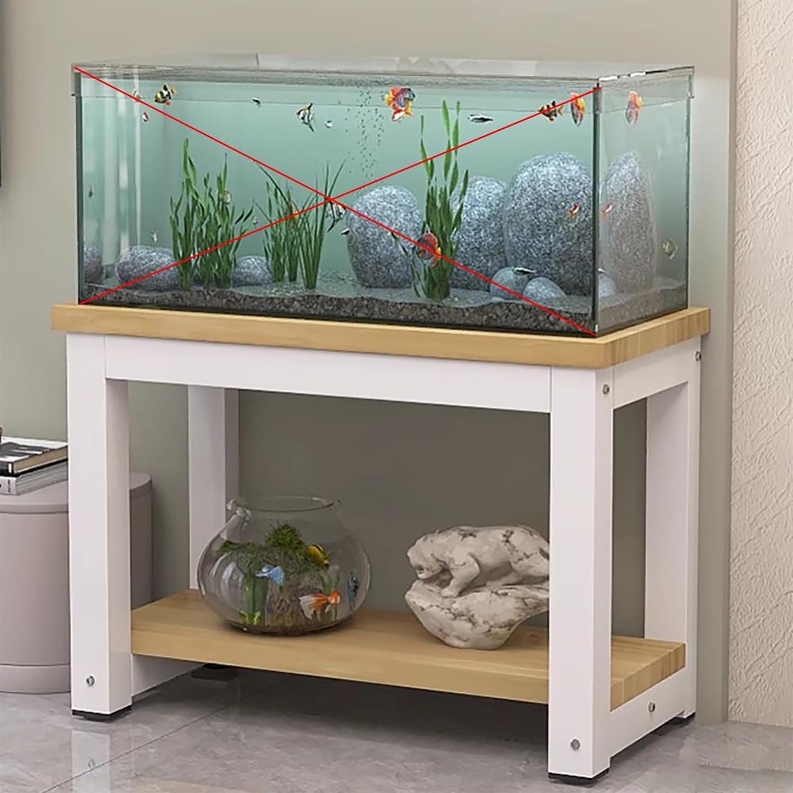 Aquarium Stand with Storage, Heavy Duty Metal Fish Tank Rack, 2-Tier Reptile Tank Shelf, Aquarium Table with MDF Boards, Plant Stand Organizer for Living Room Bedroom Office(White+Beige,50x40cm)