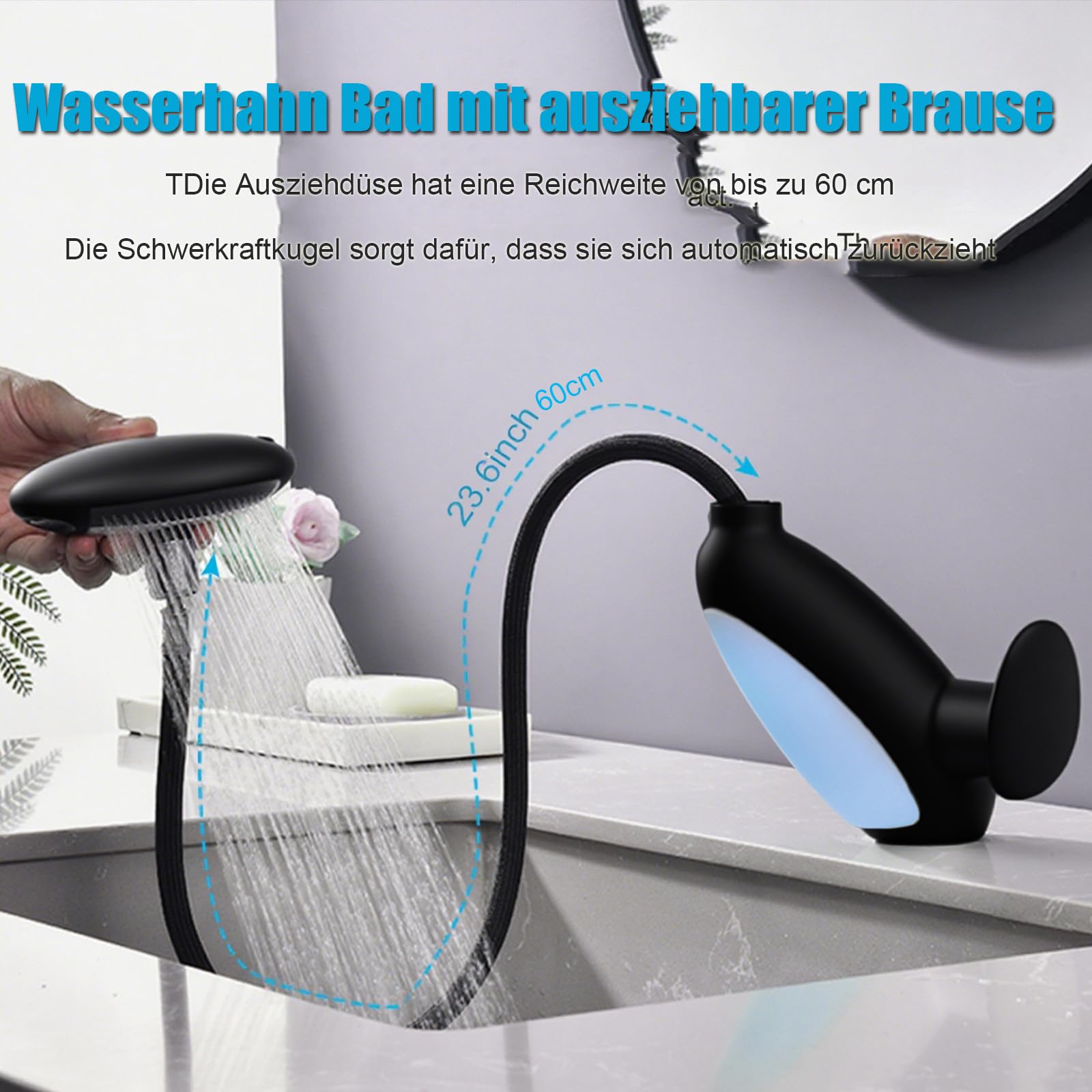 Robinet Salle Bain avec Douchette Extractible à 4 Modes, LED Robinet de lavabo Cascade, Rotatif à 360° Mitigeur de Lavabo, Moderne G 3/8, Noir