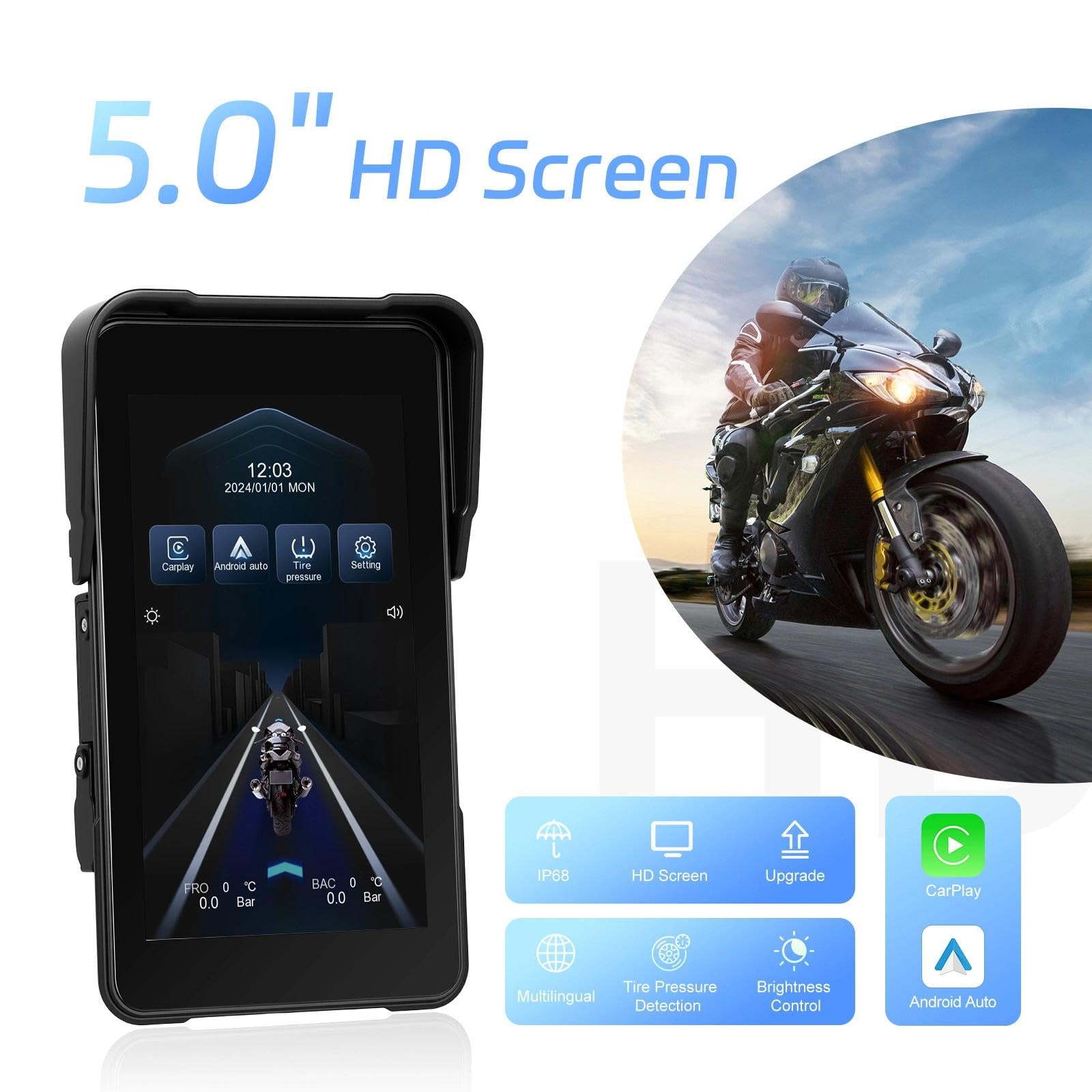 Pantalla CarPlay para Moto, Apple CarPlay y Android Auto Inalámbricos, Pantalla HD de 5" para Motocicleta, Impermeable IP68 con Bluetooth, Compatible con TPMS, Soporte Antirrobo Desmontable