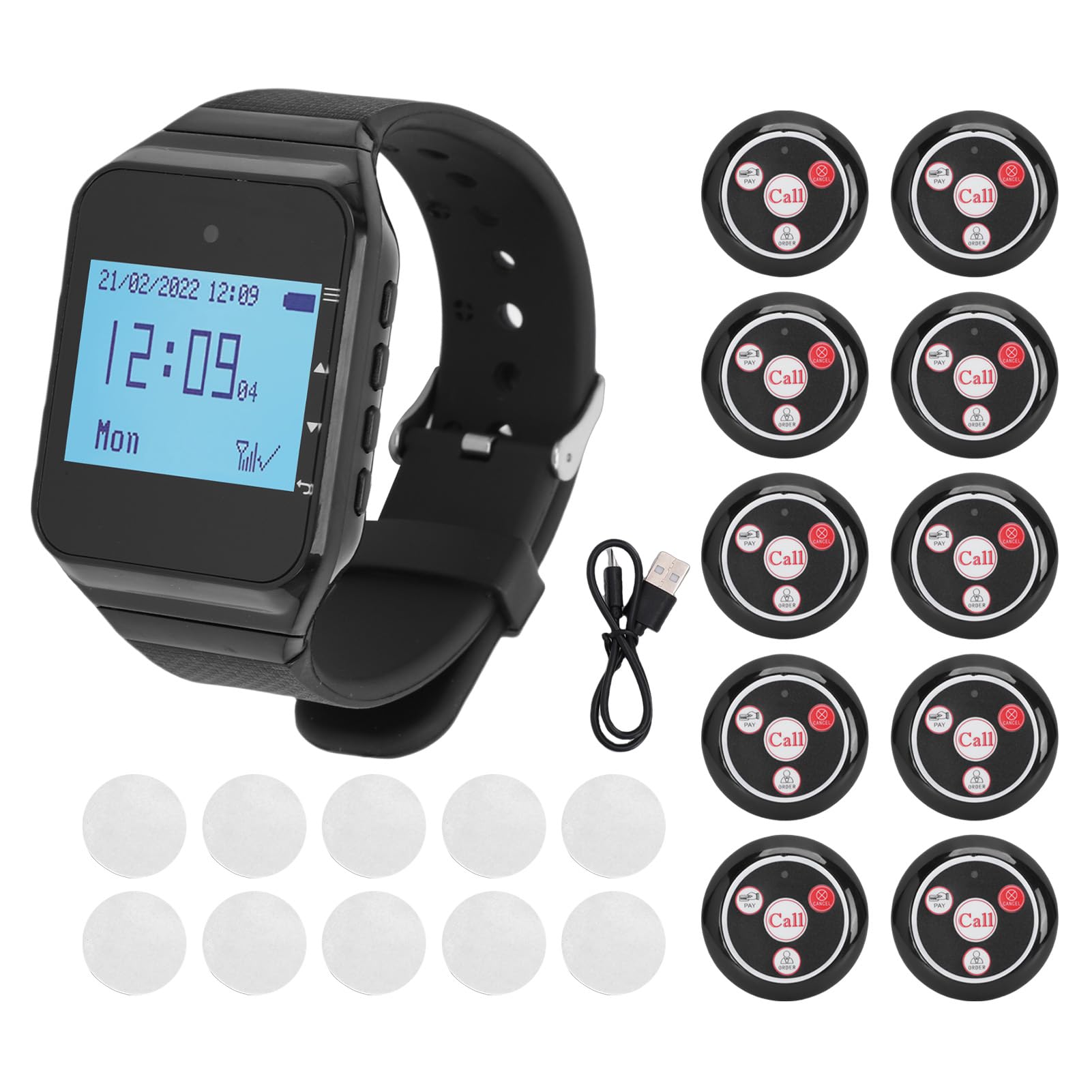Bewinner sistem Cercapersone Ristorante, 10 Cercapersone Assistente, 1 Ricevitore Orologio, sistem di Chiamata Wireless IPX4 con Vibrazione, Lampeggiante e Cicalino per Chiesa, (BLACK)