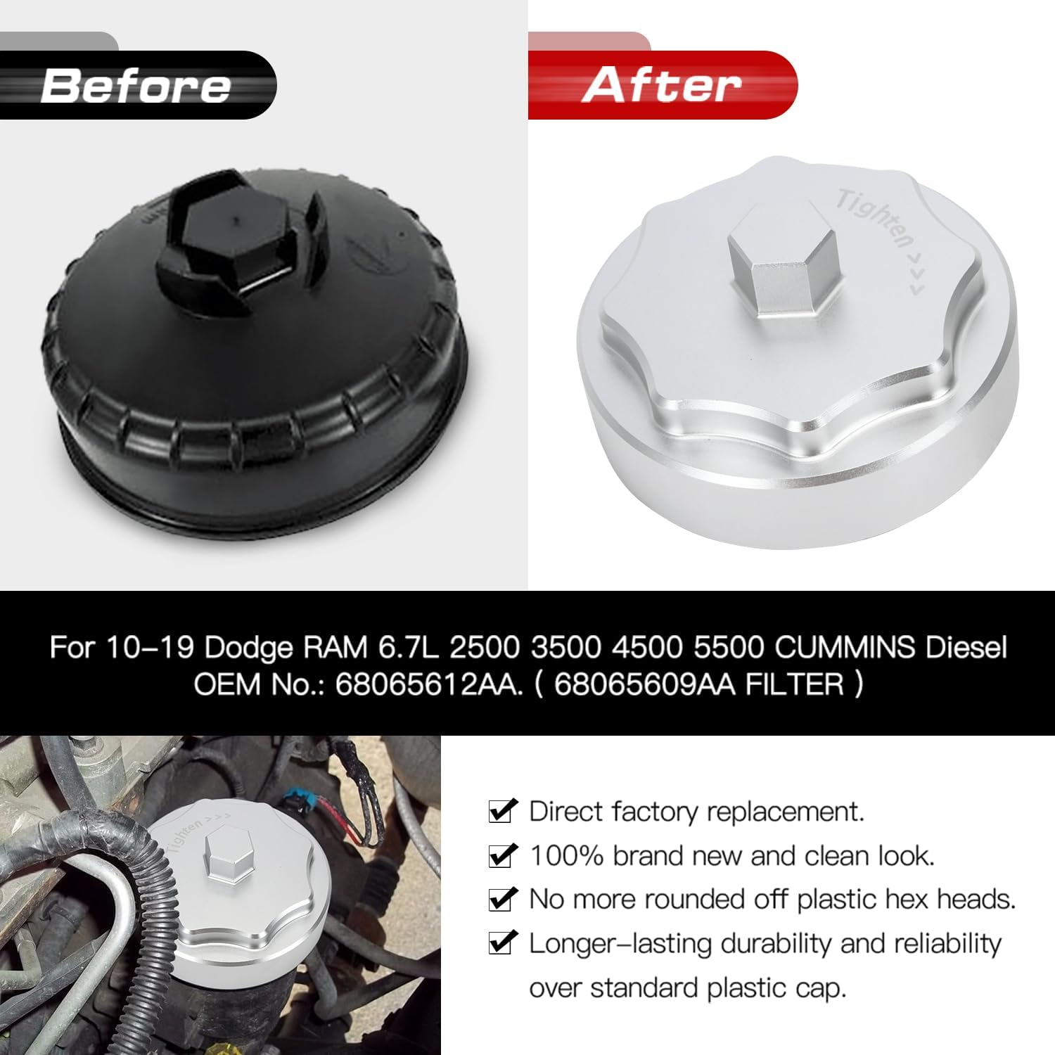 PTNHZ Aluminum 68065612AA Fuel Filter Canister Housing Cover Cap Relacement For 10-on Dodge Ram 2500 3500 4500 5500 6.7L Cummins Truck Diesel Engine (Silver)
