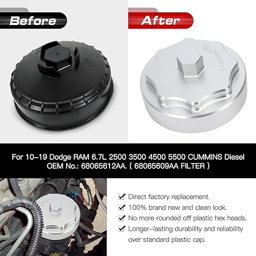Miniatura 6 de PTNHZ Aluminio 68065612AA Carcasa de Reemplazo de la Tapa del Filtro de Combustible para Dodge Ram 2500 3500 4500 5500 6.7L Cummins Camiones Diésel