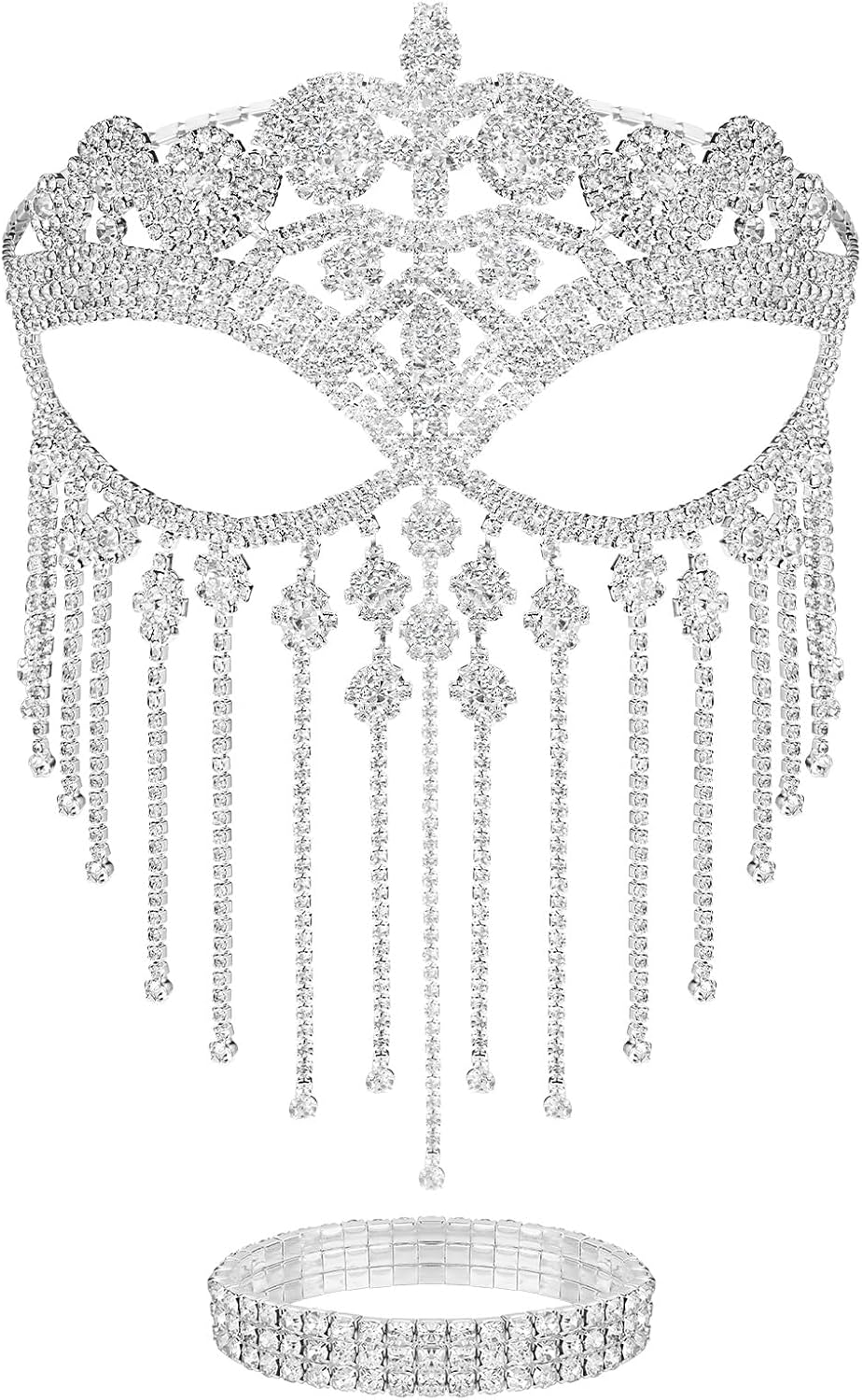 Sureio 3 Pack Masquerade Mask for Women Masquerade Jewelry Set Tassel Mask Fringe Veil Face Chain Rhinestone Crystal Necklace Bracelet for Halloween Wedding Cosplay Costume Party Accessory