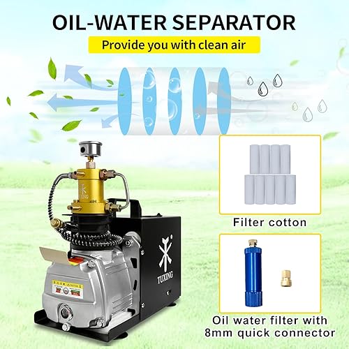 Miniatura 8 de TUXING Compresor PCP de 4500 psi, compresor de aire eléctrico de alta presión, estación de llenado de paintball PCP para lucha contra incendios y