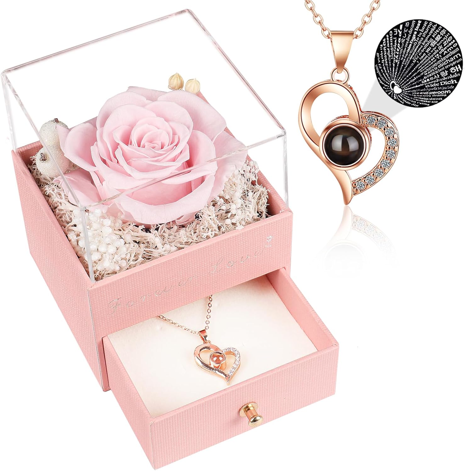 Beferr Valentines Gifts for Her Women Birthday Gifts Preserved Real Rose with Necklace Eternal Roses Forever Flowers Gifts for Mom Wife Sister Grandma S Pink