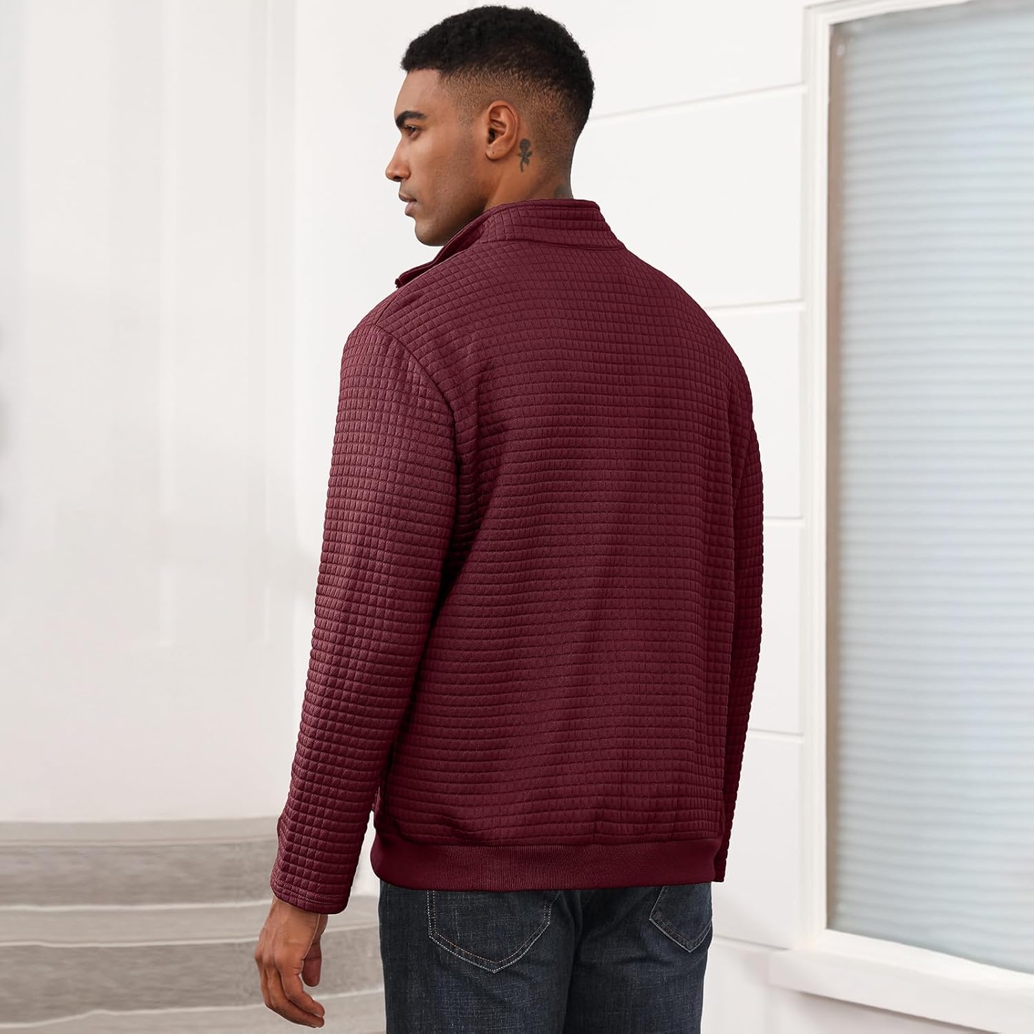 Oymyakon Men's Lightweight Varsity Jacket Spring Casual Stylish Bomber Jacket Waffle Zip Up Coat with Pockets - Image 4