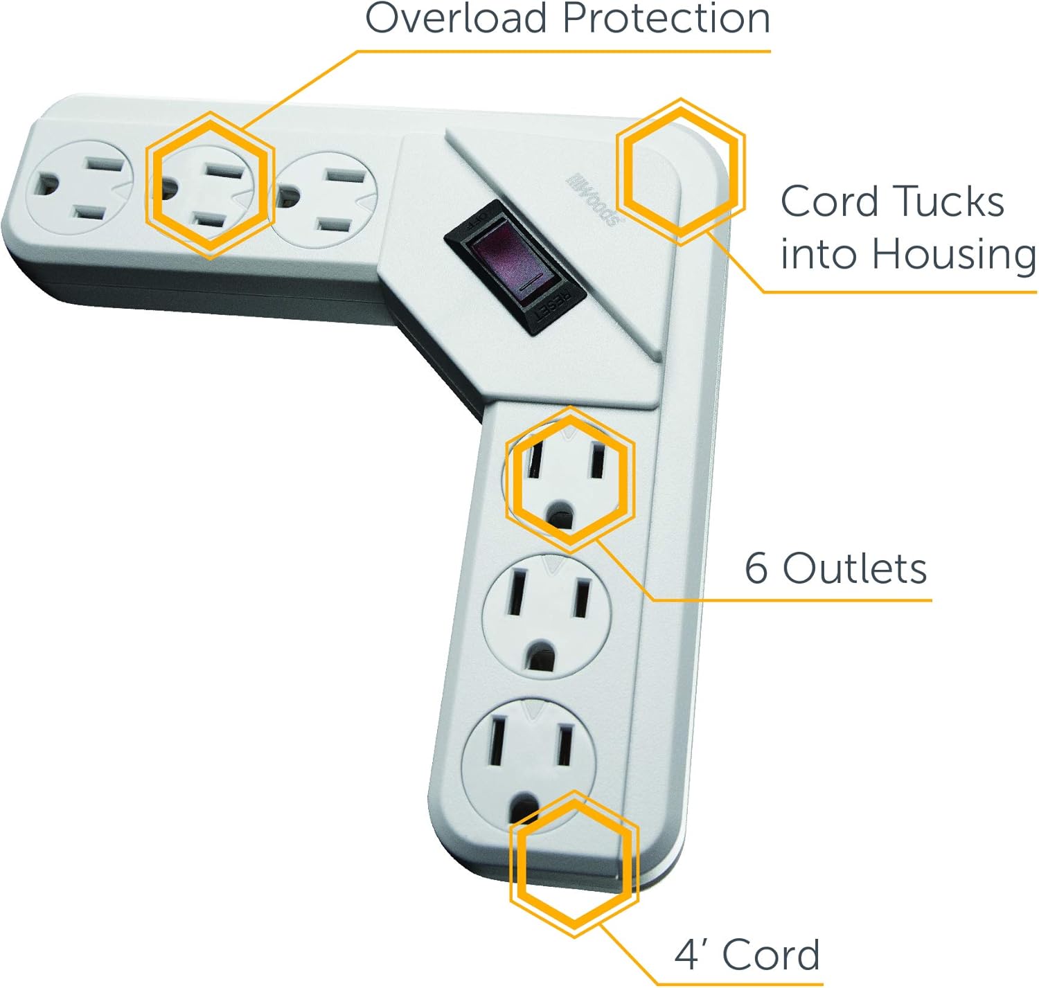 Southwire Woods L-Shaped Power Strip - 6-Outlets - Overload Safety Feature - 4-Foot Power Cord - Right Angle Design - White - UL Listed Strip