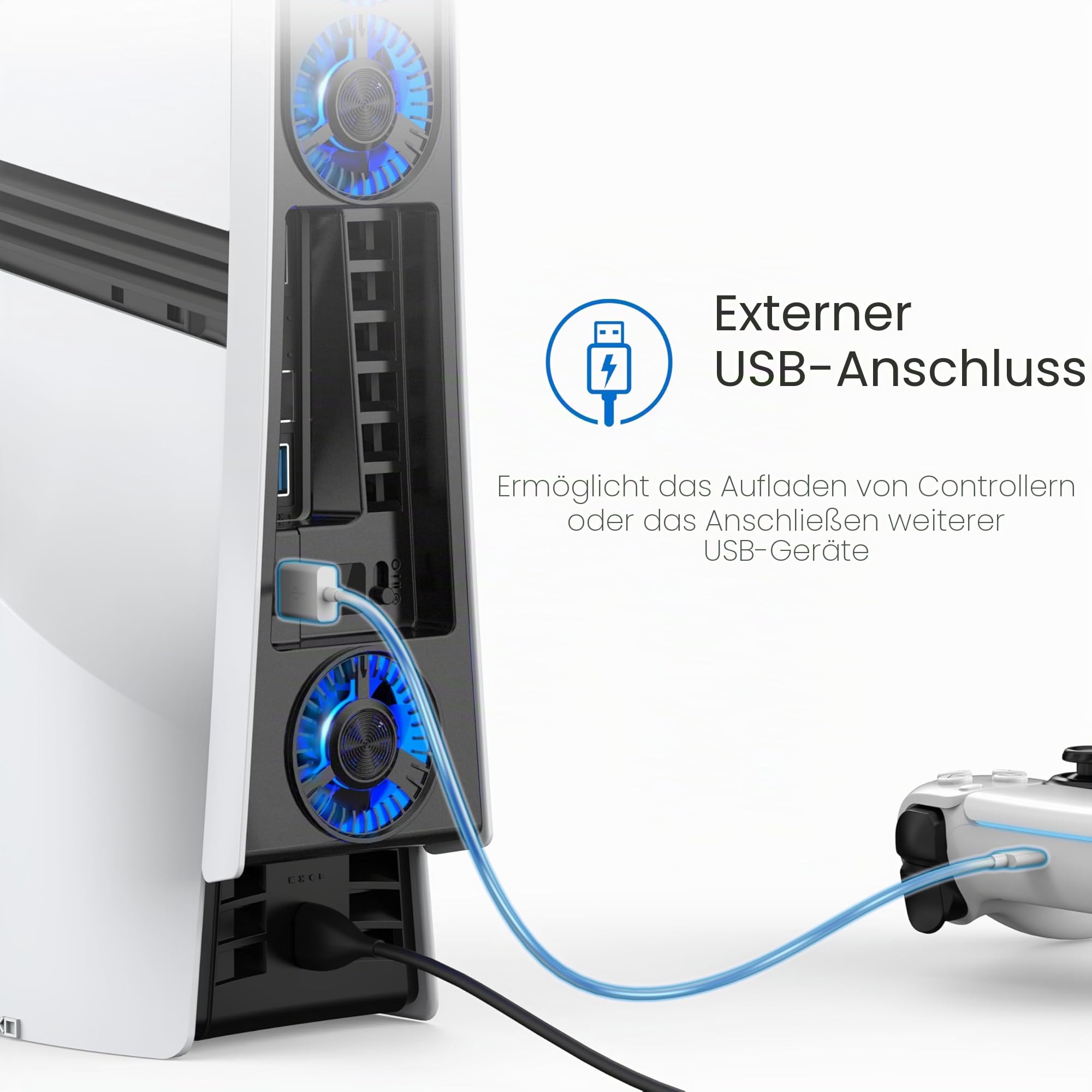 JUSPRO Lüfter für PS5 Pro, leiser verbesserter 4-Kühler mit einstellbarer Geschwindigkeit, automatisches Ein-/Ausschalten, Kühlzubehör mit USB 3.0-Anschluss und LED-Licht für PlayStation 5 Pro