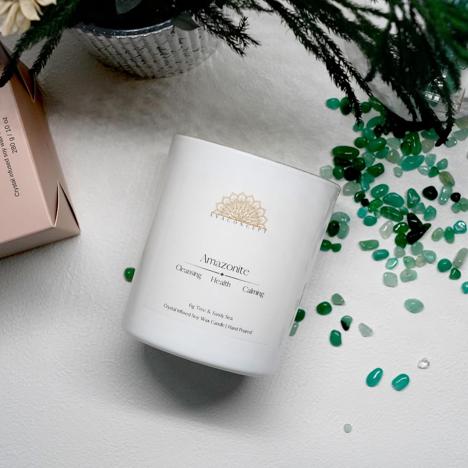 Amazonite Crystal Candle – 10oz / 280g Fig Tree & Sandy Sea Aromatherapy Hand-Poured Soy Wax Genuine Amazonite Healing Crystals Embedded Cleansing, Health & Calming Gift Box... - Image 6