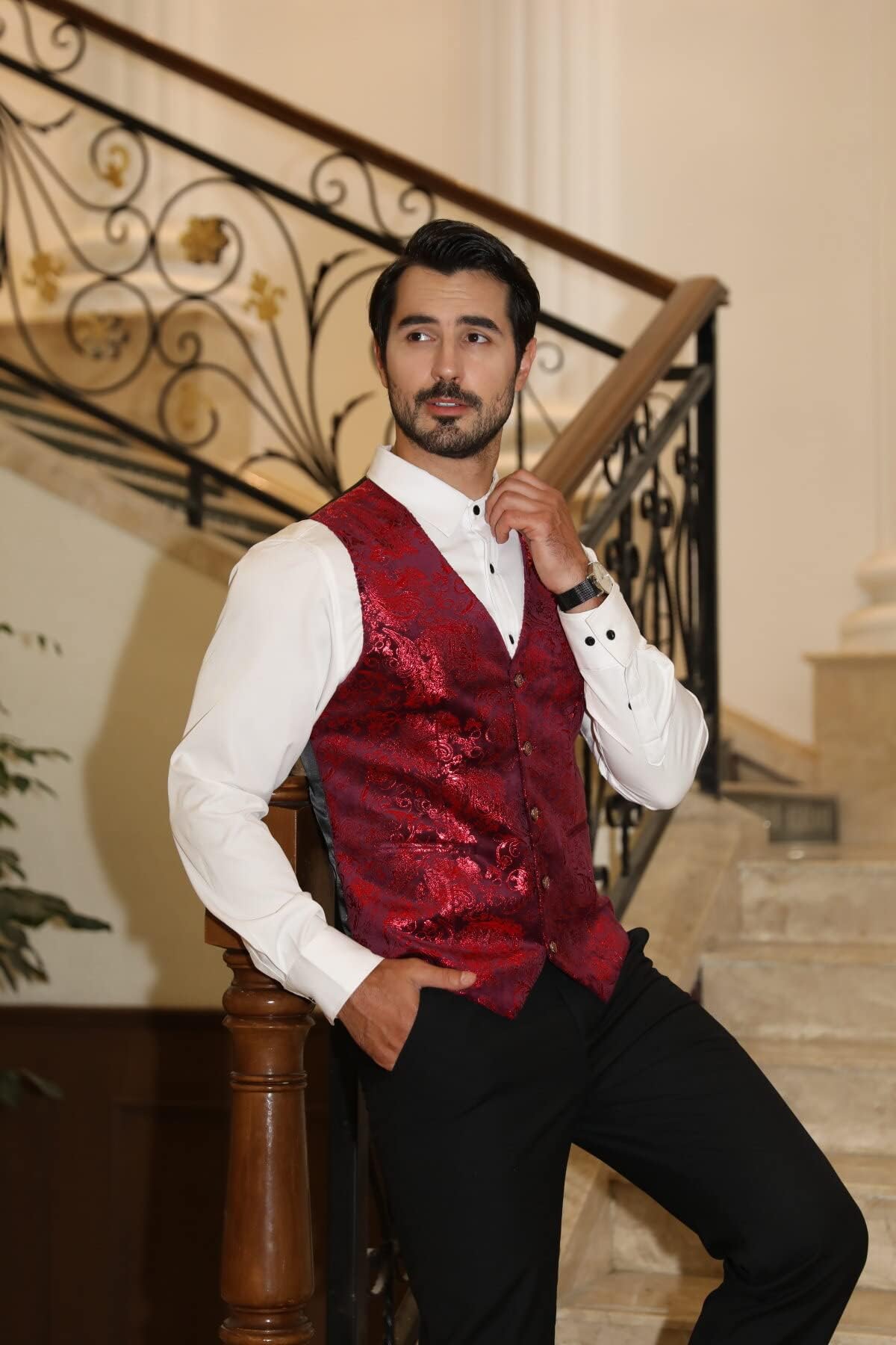 Allthemen Gilet Homme Classique Paisley Floral Jacquard Gilet Mariage Luxe Soirée Slim Fit Gilet de Costume pour Homme