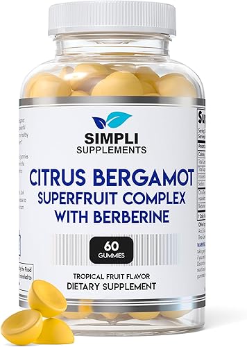 Suplemento de bergamota cítrica para colesterol alto | 60 gomitas de bergamota cítrica con berberina para la salud del corazón | Bergamota cítrica