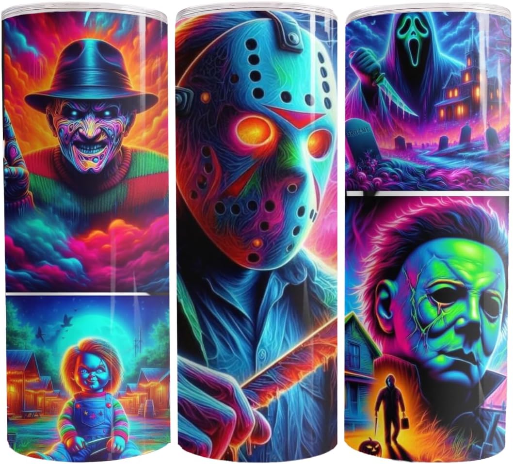 Neon Nightmare: Killer Glow 20oz Halloween Tumbler - Double Wall Skinny Tumbler with Straw and Lid, Insulated Cup Stainless Steel Slim Travel Tumbler for Women and Men 20oz (Style 1)
