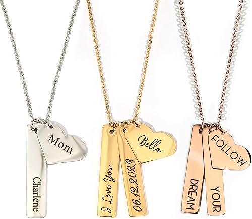 Miniatura 2 de MignonandMignon Custom Name Necklace Personalized Engraved Gold Bar Necklace, Kids’ Names, Heart Charm, Gift for Mom, Unique Birthday Jewelry for