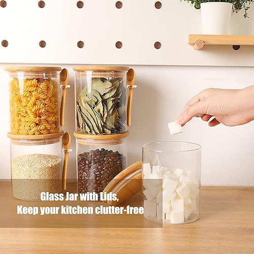 Miniatura 6 de Paquete de 6 tarros de vidrio herméticos con tapa y cuchara de bambú, recipientes de vidrio de borosilicato de 19 onzas, recipientes decorativos de