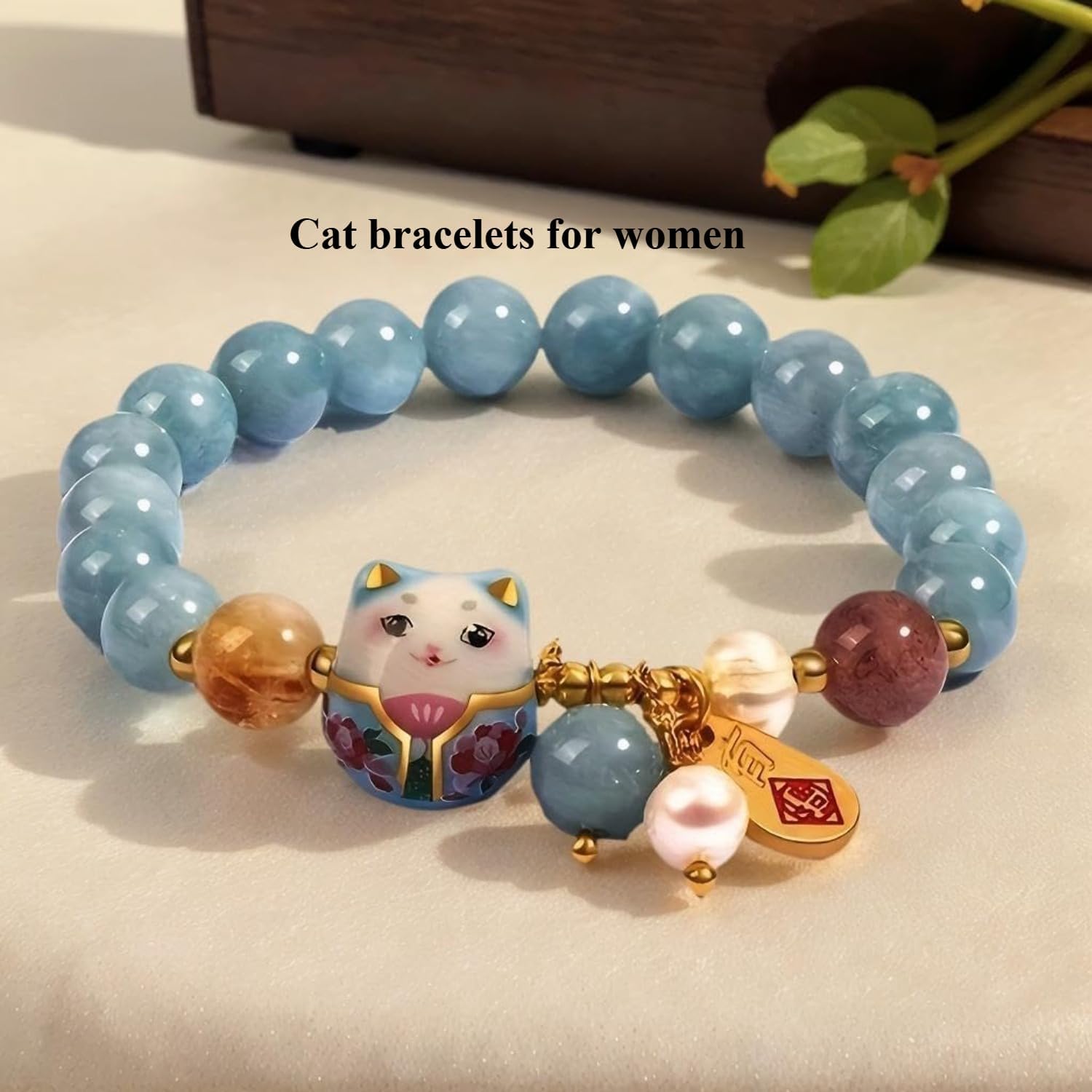 Lucky Cat Bracelet for Women, Feng Shui Wealth Protection Bracelet with Blue Crystal & Ceramic Cat Charm, Adjustable Maneki Neko Good Luck Jewelry Gift - Image 4