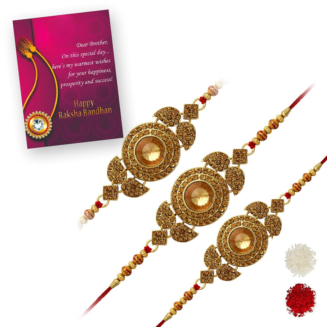 PREYANS Kundan stone Gold Plated Alloy Metal Stylish Rakhi with Roli Chawal for brothers (Combo of 3 Rakhi)(RKH253CMB) (B089778H7V) Amazon Price History, Amazon Price Tracker