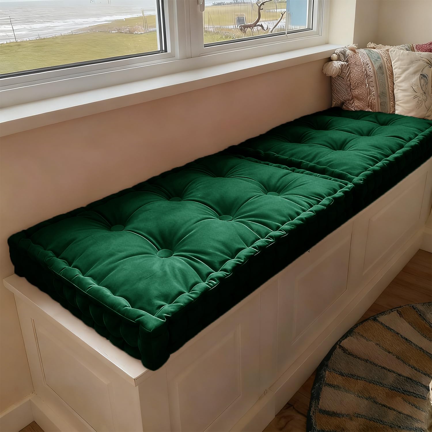 WLXFF Bench Cushion Indoor, Velvet Window Seat Cushions with Handle 10cm Thick Plush Windowsill Seat Cushion, Bay Window Cushion, Tufted Buttons Bench Seat pad for Piano, Dining Chairs,NO6,140x45cm