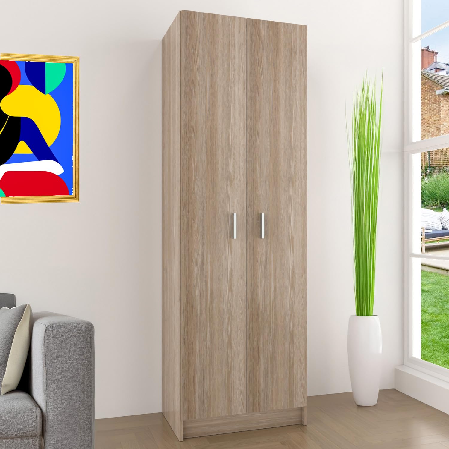 Bricozone Armadio Multiuso con 2 Ante e 8 Ripiani in Laminato Scarpiera Guardaroba Salvaspazio per Ingresso Camera e Ripostiglio Colore Rovere 180 x 37 x 59 cm