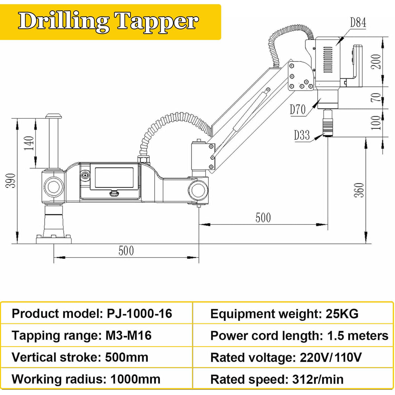 Roscadora eléctrica M3-M16, roscadora multidireccional de 360°, 0-312 RPM, 8 Pinzas, para fabricación de maquinaria, moldes y Otras Industrias.