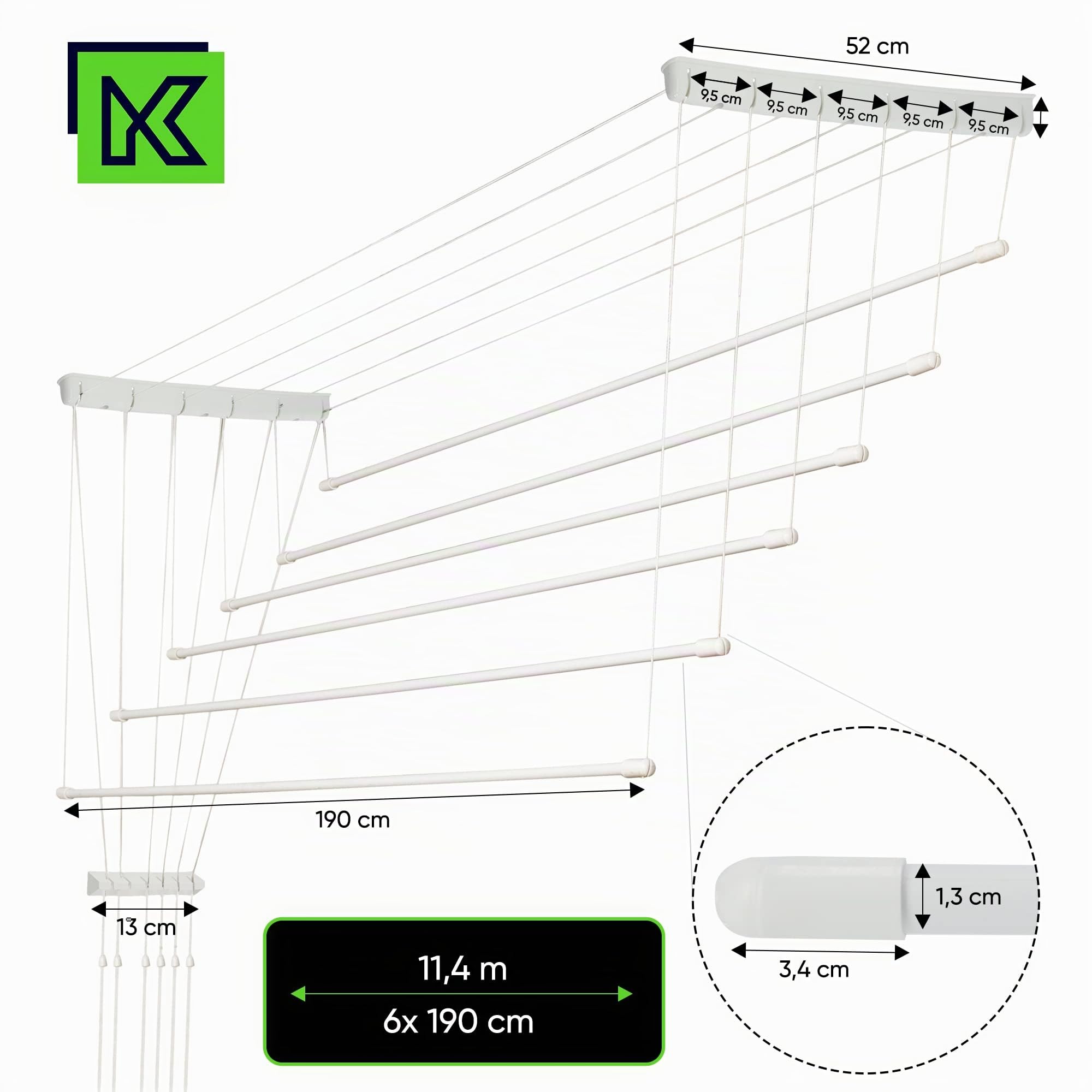 KADAX Etendoir a Linge au Plafond avec Tiges en Acier, Pratique Systeme de Sechage Suspended pour Maximiser l'espace Interieur (Blanc, 6 x 190 cm)
