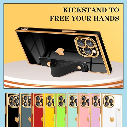 Miniatura 3 de Petitian Funda cuadrada para iPhone 12 Pro Max con soporte y correa Loopy, fundas de lujo para mujeres y niñas, diseño electrochapado en corazón,