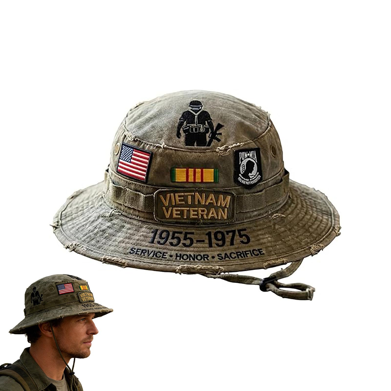 GUUZETU Vietnam Veteran Boonie Hat, Embroidered Patriotic Military Bucket Hat with Flag Patch, Outdoor Sun Cap Gift for Vets (1PCS)