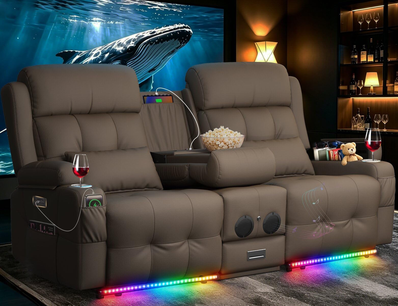 Home Theater Seating, Power Loveseat Recliner Sofa with Massage &amp; Heat