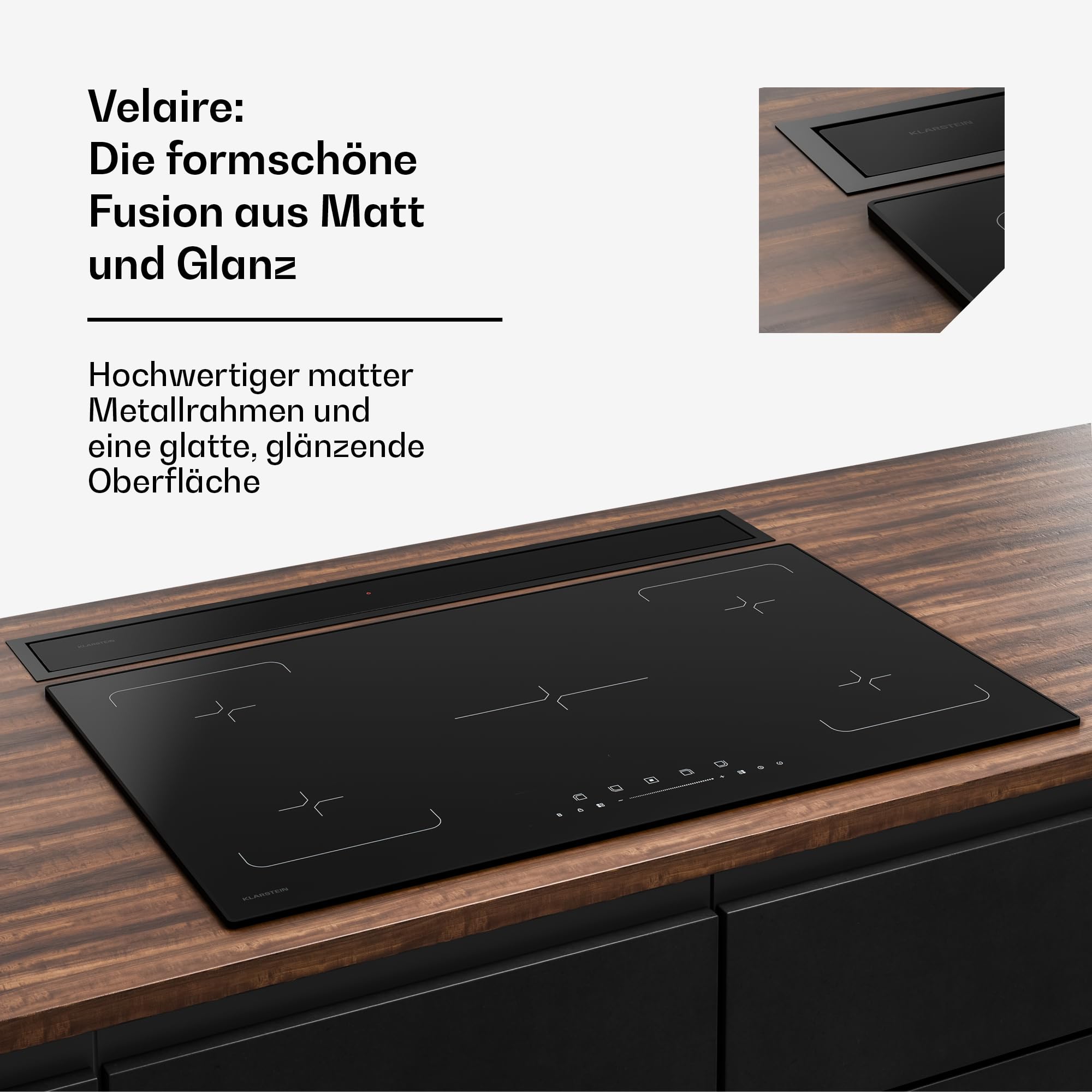 Klarstein Velaire Dunstabzugshaube 90cm - A++ Downdraft, 906 m³/h Luftstrom, Touch-Bedienung, LED, Leise, Spülmaschinenfester Filter, Kochfeldabzug, Abzugshaube 90cm