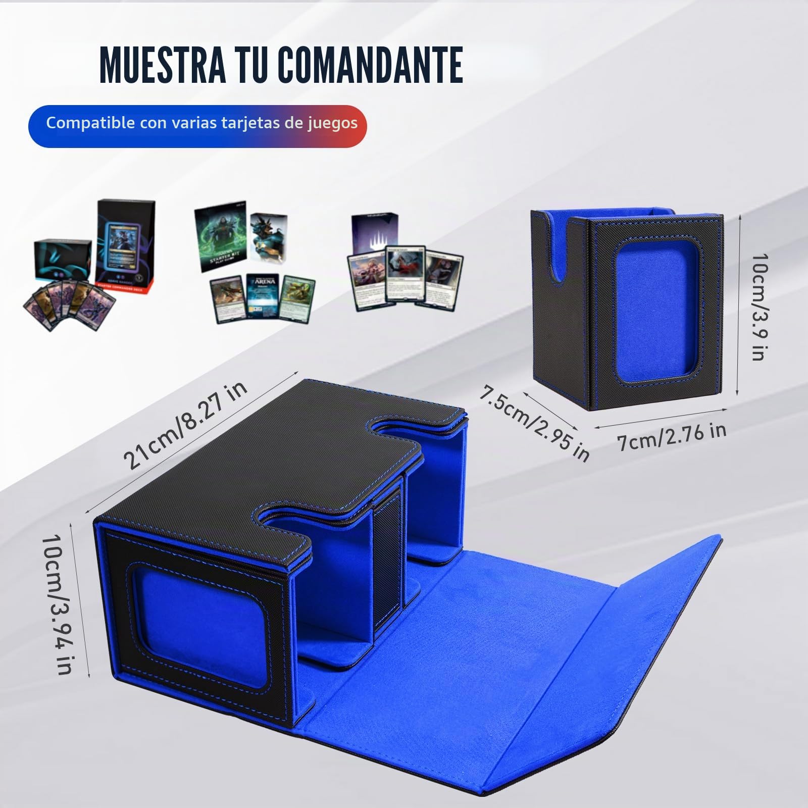 TiMOVO Caja de Cartas para MTG, Soporte Mazo de Cartas para 200+ Cartas de Doble Funda, Deck Box con 2 Expositores & 4 Divisores & Bandeja de Dados para YuGiOh, TCG, CCG Cartas Mágica, Negro&Azul