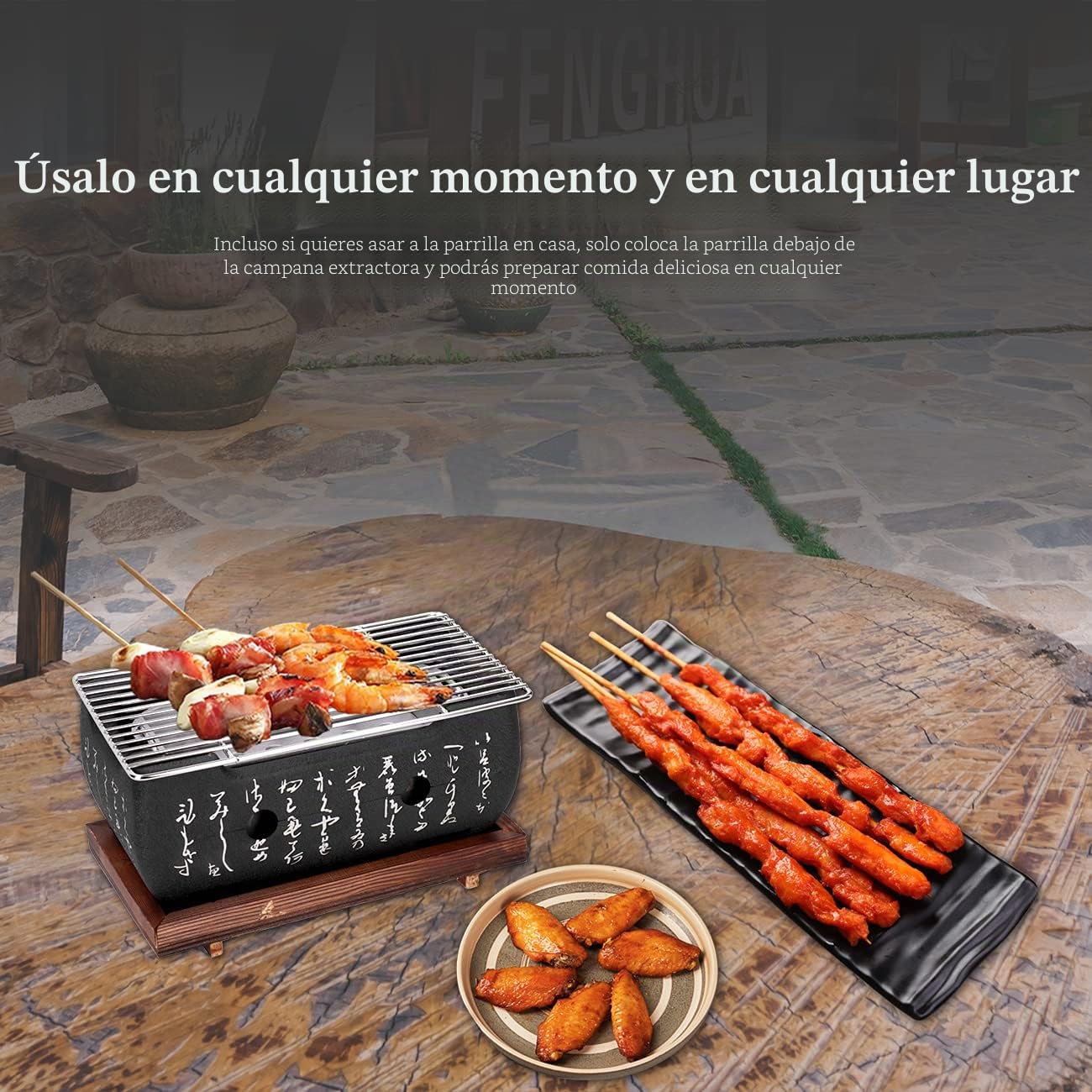 Parrilla Japonesa de Aleación de Aluminio, 13.5 x 13.5 x 24.6cm Barbacoas de Carbón Mesa Terraza Portatil Mini Cuadrada Estufa Alcohol Carne Estufa con Base de Madera para Barbacoa Pescado Camarones