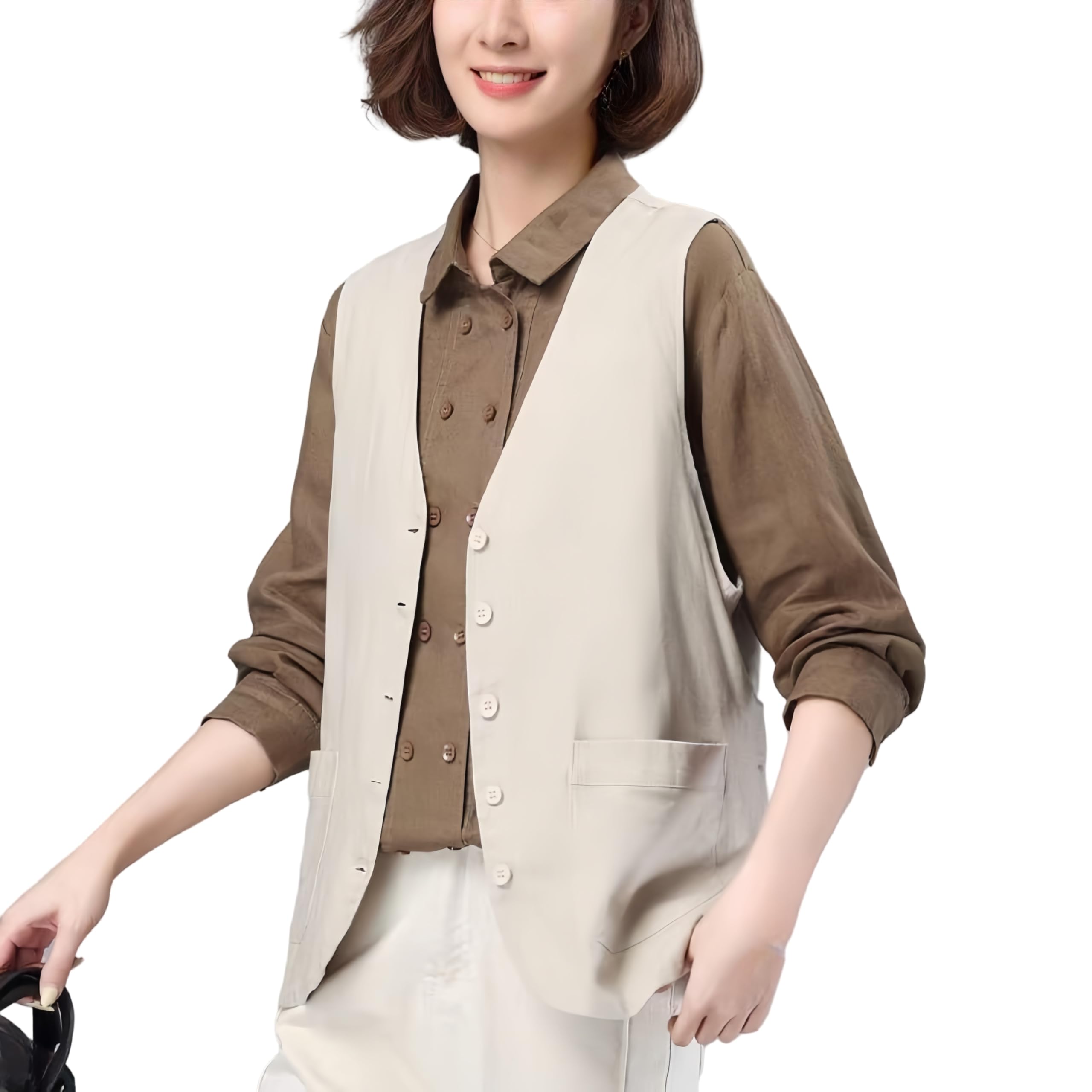 Smanicato Donna,Gilet Da Donna In Cotone E Lino Senza Maniche Estivo Leggero con Scollo A V Blazer con Tasche Casual Tinta Unita Cardigan con Bottoni.