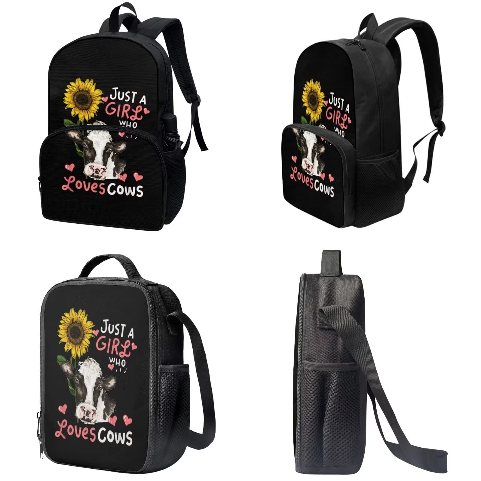 Poceacles Schultasche und Lunchbox-Set für Teenager, Jungen, Grundschule, Büchertasche, Federmäppchen für Grundschulkinder, Kuh Sonnenblume, Einheitsgröße