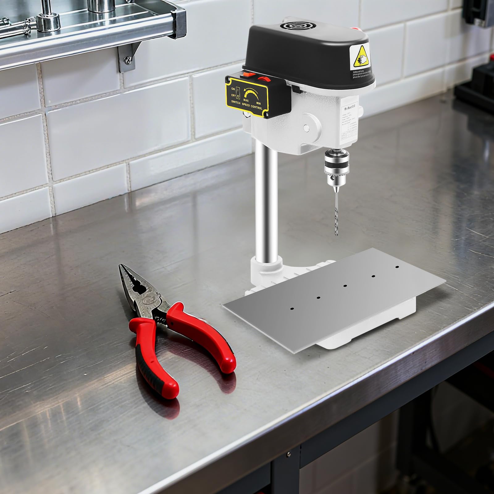 Trapano da tavolo 340 W, precisione a colonna con velocità continua (0-16.000 giri/min) e arresto di profondità, costruzione in ghisa per legno/metallo/plastica, profondità di foratura 25 mm