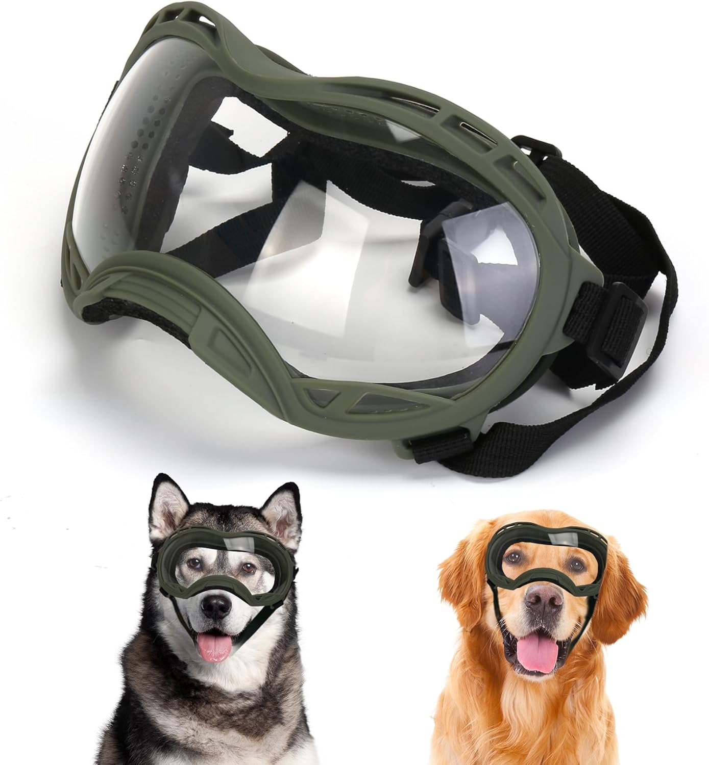 Dog Goggles for Large Dogs, UV Protection Dog Sunglasses, Adjustable Strap, Windproof、Dustproof、Anti-Fog Eye Protection Sunglasses for Large and Medium Dogs (Olive Green Frame)