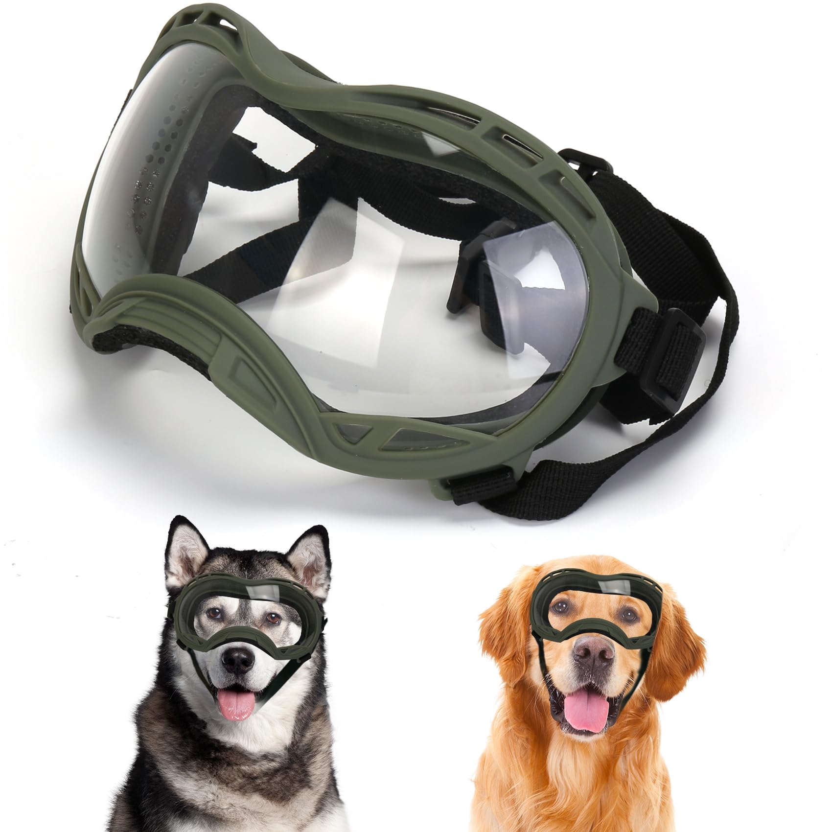 Dog Goggles for Large Dogs, UV Protection Dog Sunglasses, Adjustable Strap, Windproof、Dustproof、Anti-Fog Eye Protection Sunglasses for Large and Medium Dogs (Olive Green Frame) : Pet Supplies