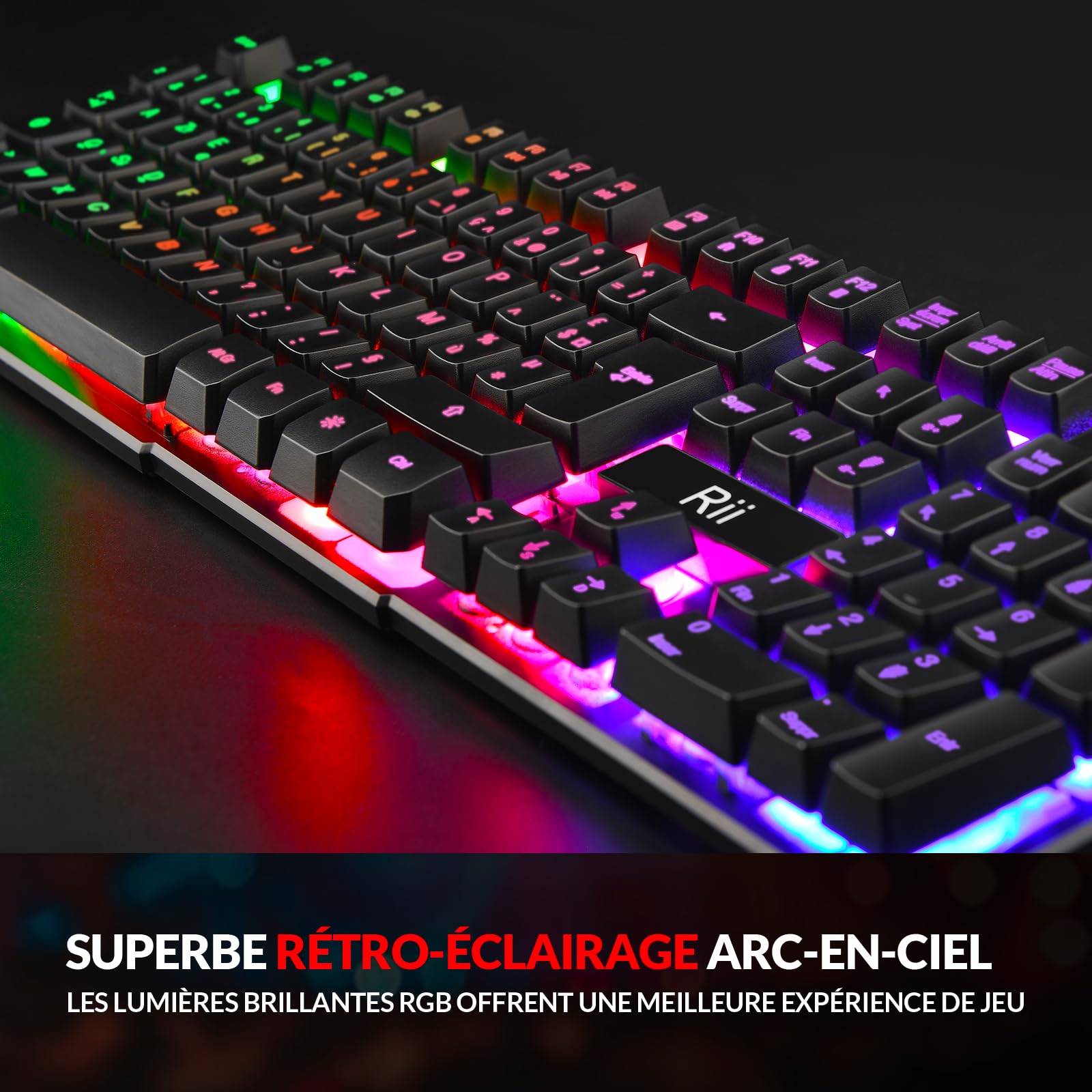 Rii Clavier Gamer - AZERTY - Nouveau Clavier USB Filaire - 105 Touches Semi-Mécaniques - 5 Couleurs LED Rétro - 11 Raccourcis Multimédia - pour PC Mac - PS4 PS5 - Noir