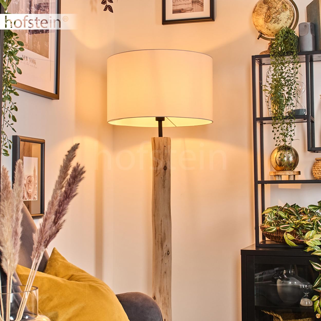 Lampada da terra Flemming, lampada da terra in legno/metallo/tessuto colori naturale/nero/bianco, design scandinavo con paralume rotondo (Ø 50 cm) e interruttore a pedale, E27, senza lampadina